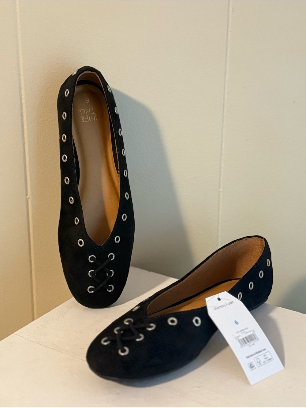 Time and Tru Black Eyelet-Trim Suede Ballet Flats 6